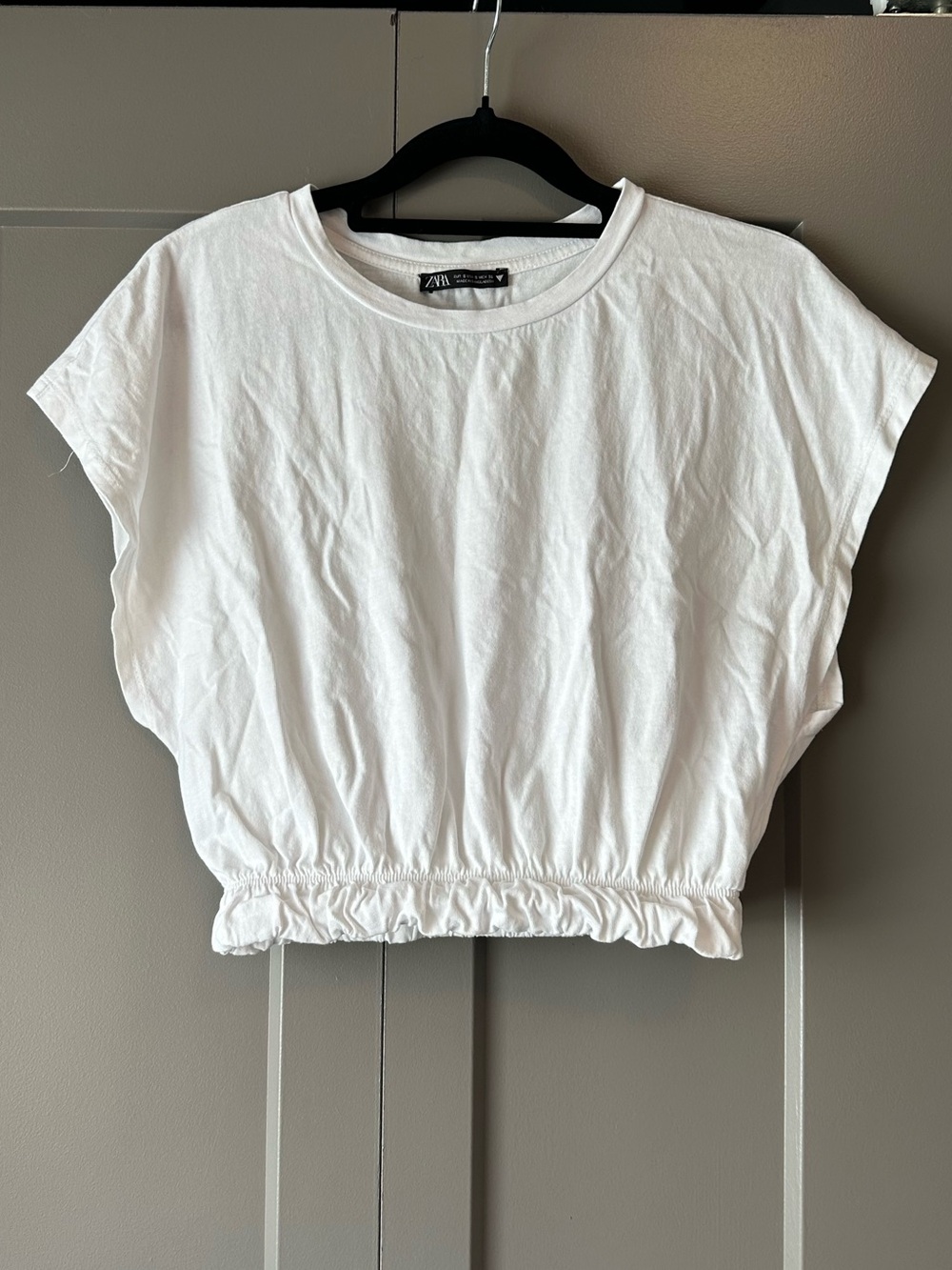 ZARA White Cropped Elastic-Hem Tee